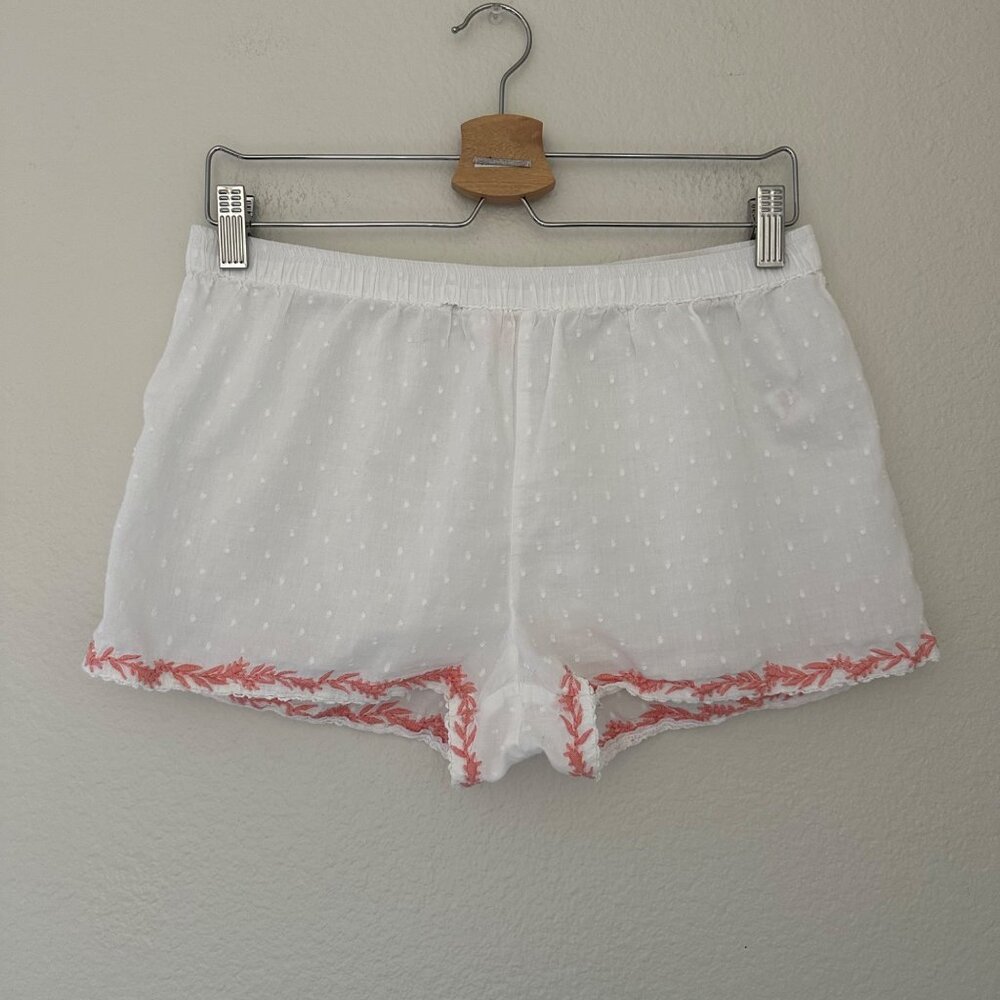 Shabby Chic Pajama Shorts White Swiss Dot Pink Embroidered Cotton M